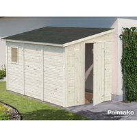 Palmako Mia heavy-duty lean-to shed, 12' x 6', natural wood finish, single door, side window, sloped roof.
