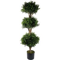 120cm Buxus Triple Ball Artificial Tree with dense green foliage in black pot, UV resistant for outdoor use.