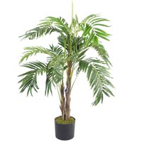 120cm artificial palm tree with lush green fronds in a black pot, realistic texture and vibrant foliage.