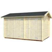 Wooden Palmako Jari Nordic shed, 13'5 x 8'5, with double doors, pitched black roof, and natural wood finish.