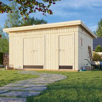 Beige wooden Palmako multi-room shed with two doors, flat roof, and small window, set in a grassy yard.