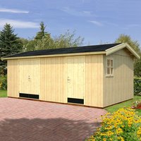 Wooden Palmako Olaf shed, 18' x 11', with dual doors, pitched roof, and small window, set on brick patio.