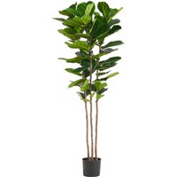Tall artificial fiddle leaf fig tree with broad green leaves and slender brown trunks in a black pot.