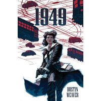 Comic book cover "1949" featuring a woman in a trench coat holding a gun, with red streetcars in the background.