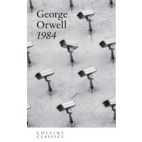 "George Orwell's '1984' book cover with multiple surveillance cameras on a gray background, Collins Classics edition"
