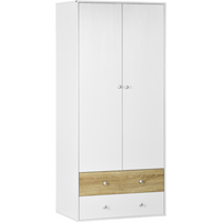 White 2-door wardrobe with two drawers, hanging rod, and wood accent, designed for bedroom storage by HOMCOM.