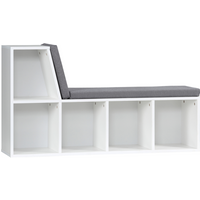 White 2-tier bookshelf with four cubbies and a gray removable cushion on top for seating.