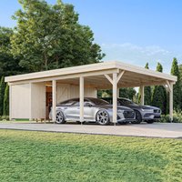 Wooden carport with flat roof, open sides, and storage shed, fits two cars, surrounded by trees and grass.