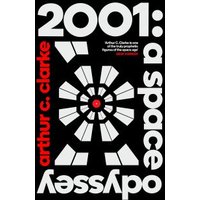 Black book cover of "2001: A Space Odyssey" with bold white and red text, abstract geometric design.