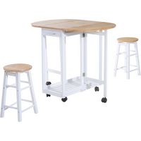 White wooden kitchen cart with folding stools, wheels, and drawers; natural wood top and seat accents.