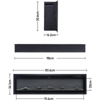 Black wall-mounted electric LED fireplace with glass front, sleek rectangular design, and realistic flame effect.