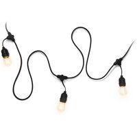 Black 4lite festoon lighting with E27 lamp holders, 20m length, featuring warm glowing bulbs on a flexible black cable.