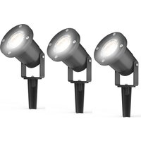 Black 4lite GU10 outdoor garden spike lights, cylindrical shape, pack of 3, with adjustable heads and sturdy ground spikes.