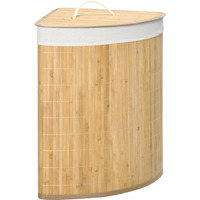 Bamboo corner laundry hamper with white fabric top, triangular shape, and handle, measuring 38x38x57cm.