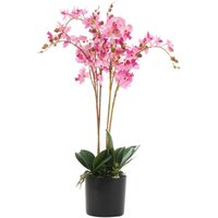 Pink artificial orchid with triple stem, lush green leaves in a black pot, 60cm tall, realistic design by Leaf.