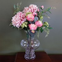 60cm Chrysanthemum Mix Glass Bubble Vase with pink flowers, greenery, and a clear, rounded bubble design.