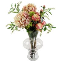 Pink Chrysanthemum Display in 60cm Glass Bubble Vase with lush green foliage and delicate floral accents.
