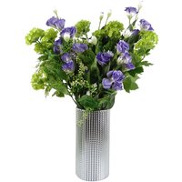 Purple wild rose arrangement in a textured silver glass vase, 60cm tall, with green foliage accents.