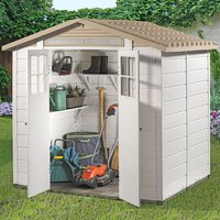 Beige and white plastic double door shed with apex roof, window panels, and garden tools inside.