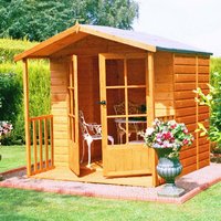 Wooden garden summerhouse with veranda, glass double doors, pitched roof, and natural finish.
