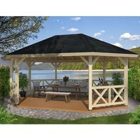Wooden Palmako Betty Garden Pavilion with open sides, black roof, and cross-braced railings, set on a stone patio.