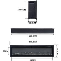Black freestanding electric fireplace, 70/80 inch, with remote, 9 flame colors, sleek rectangular design.