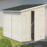 Wooden lean-to shed with slanted roof, double doors, and natural finish, measuring 8' x 6' by Palmako.