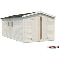 Nordic-style wooden shed with light wood panels, gabled roof, double doors, and small side windows.