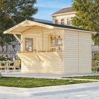 Large wooden garden bar with light wood panels, two serving hatches, and a black roof, measuring 9' x 6'.