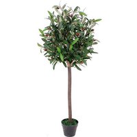 90cm artificial olive bay topiary tree with lush green leaves and small olives in a black pot.