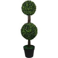 Artificial Podocarpus topiary tree with two spherical green foliage balls on a brown trunk in a black pot.