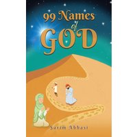 Book cover for "99 Names of God" with desert scene, three figures, and starry sky.