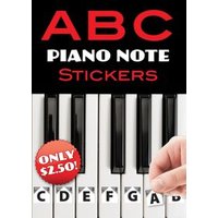 ABC Piano Note Stickers with black and white keys, red text, and hand placing note labels on keyboard.