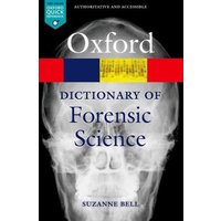 Oxford Dictionary of Forensic Science book with skull X-ray cover and red, blue, yellow accents.