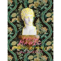 White bust sculpture on wooden base with neon yellow accents, set against floral patterned wallpaper with text overlay.