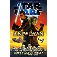 "Star Wars novel 'A New Dawn' featuring characters with lightsabers, spaceships, and stormtroopers on the cover"