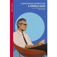 "A Single Man book by Christopher Isherwood, blue cover, illustration of a man in glasses and suit, red spine"