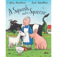 Children's book "A Squash and a Squeeze" with animals and elderly woman on a farm.