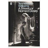 Black and white book cover of "A Streetcar Named Desire" by Tennessee Williams, featuring two figures on a staircase.