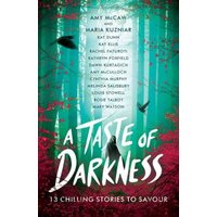 Book cover "A Taste of Darkness" with eerie forest, red undergrowth, and silhouettes of birds and a cloaked figure.