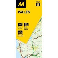 Yellow AA Road Map Wales cover with map section, icons for 3 miles to 1 inch, clear mapping, and 8 city plans.