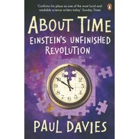 "Purple cover book 'About Time' by Paul Davies, features clock and puzzle pieces design."