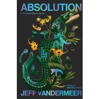 "Absolution book cover with colorful crocodile and floral illustrations on a dark background"
