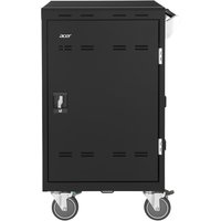 Black Acer E32c+ charging cart with 32 slots, UK plug, vented sides, lockable door, and four caster wheels.