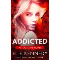 "Addicted book cover, features woman with long hair, red cityscape background, text 'An Outlaws Novel' by Elle Kennedy"