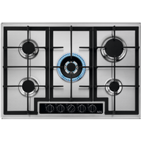 AEG HGB75420YM 75cm slimline gas hob with five burners, black cast iron supports, and stainless steel finish.