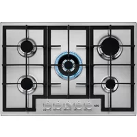 Stainless steel AEG 75cm gas hob with five burners, black cast iron supports, and front control knobs.