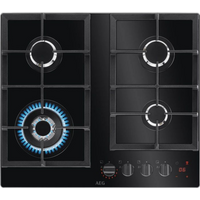 Black AEG 60cm gas hob with four burners, cast iron pan supports, and front control knobs on glass surface.