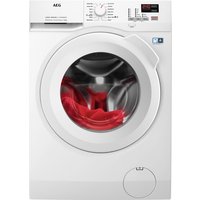 White AEG washing machine, 10KG capacity, front-loading, digital display, round door with silver trim, 1400RPM.