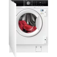AEG LF7E7431BI built-in washing machine, white with black control panel, 7kg capacity, 1400rpm, open door.